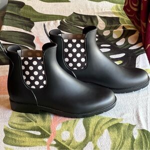 NWOT Black & White Polka Dot Chelsea Ankle Rain Boots